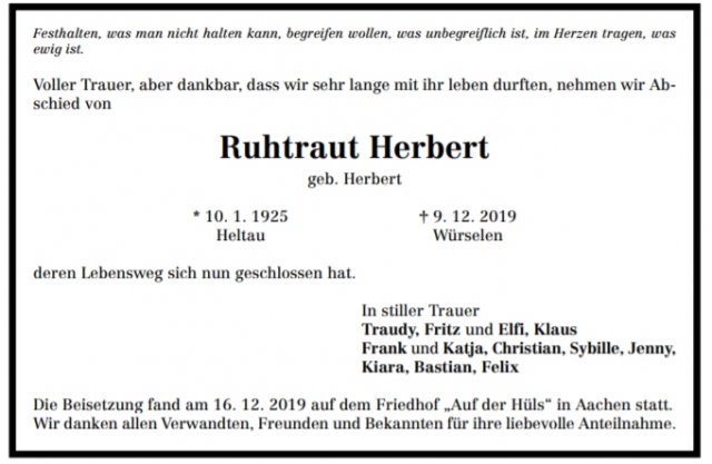 Herbert Ruhtraut 1925-2019 Todesanzeige